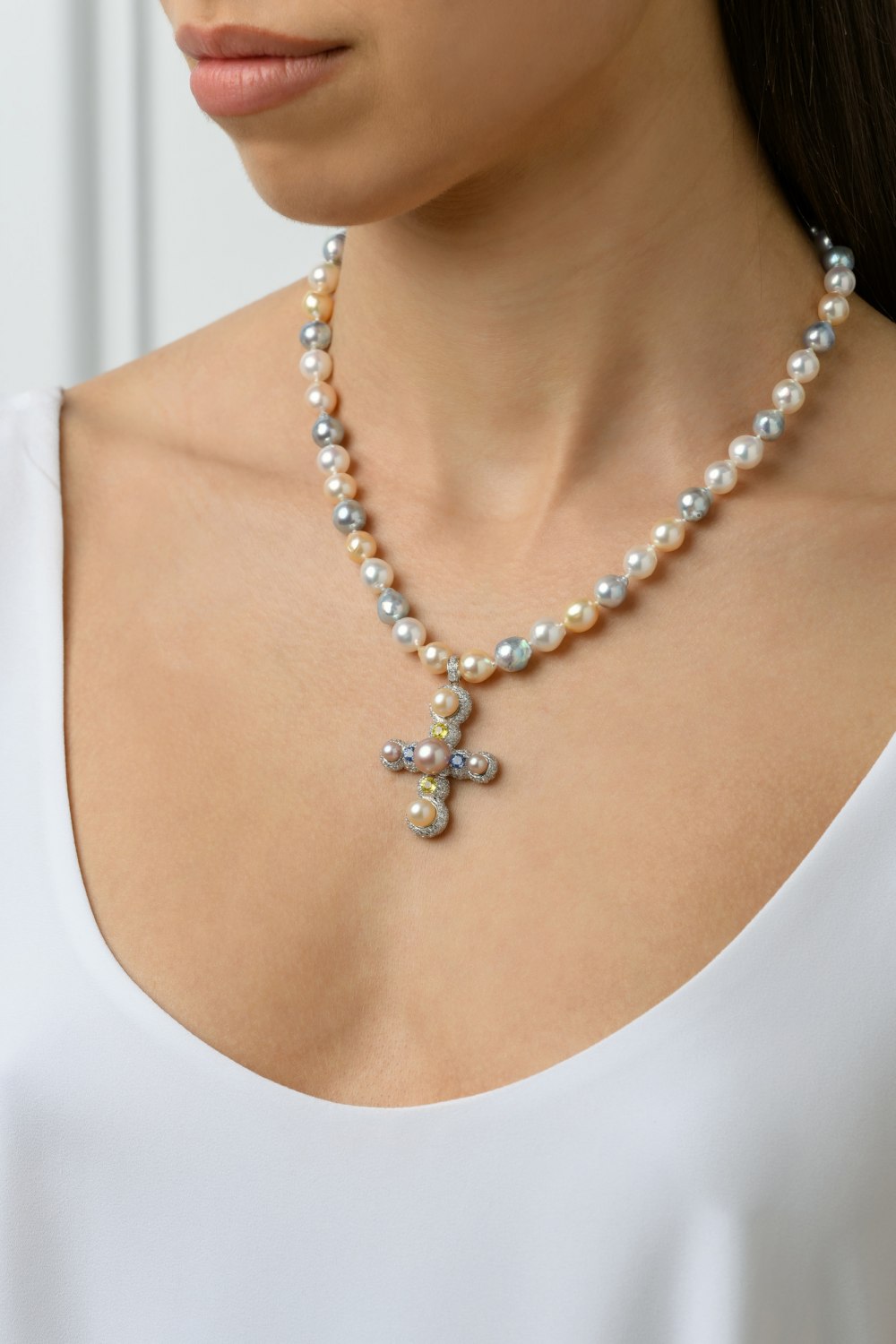 KESSARIS - Pearl Sapphire Diamond Cross Necklace